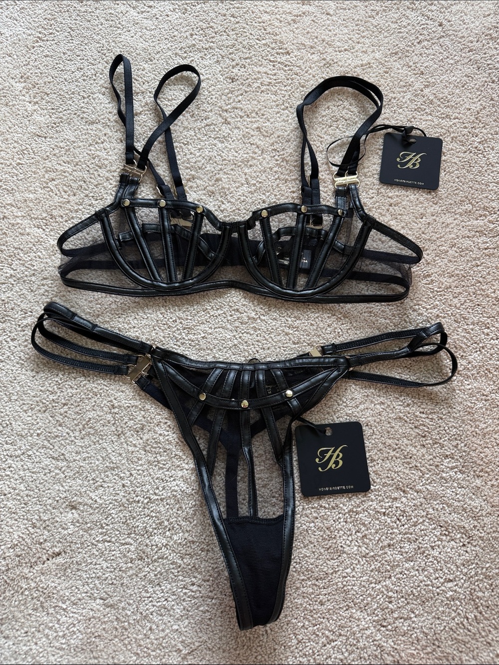 Honey Birdette 34A Black Leather Like Strappy Bra & Medium Thong Set NWT